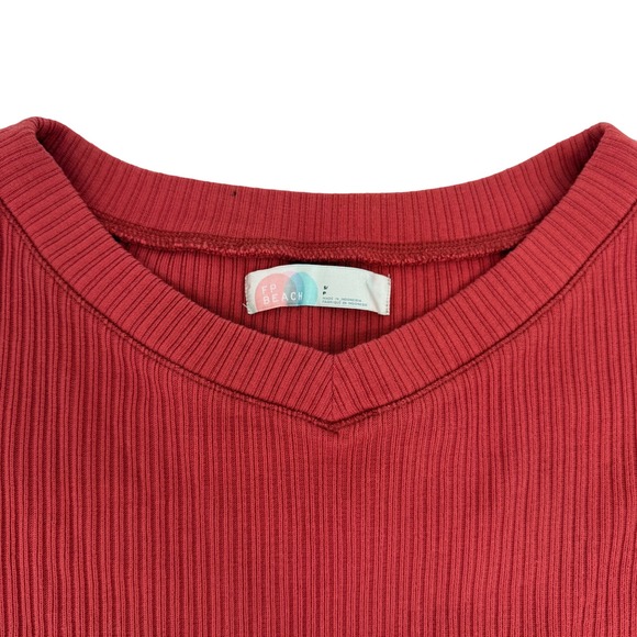 Free People FP Beach Ribbed Long Sleeve V Neck Mini Dress Red Pink Size Small - Picture 4 of 8